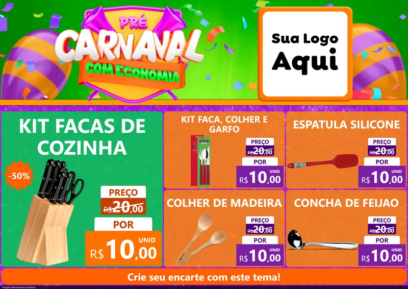 Modelo de Encarte para Encarte A4 Horizontal com o tema Pré-Carnaval Com Economia para Utilidades Domésticas