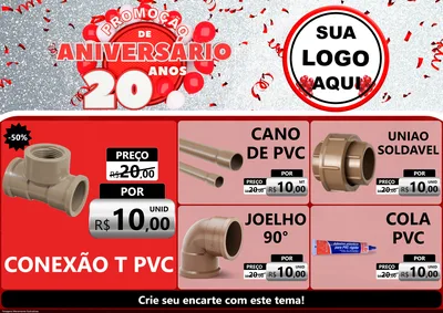 Modelo de Encarte para Encarte A4 Horizontal com o tema Promoção de Aniversário - 20 Anos para Tubos e conexões