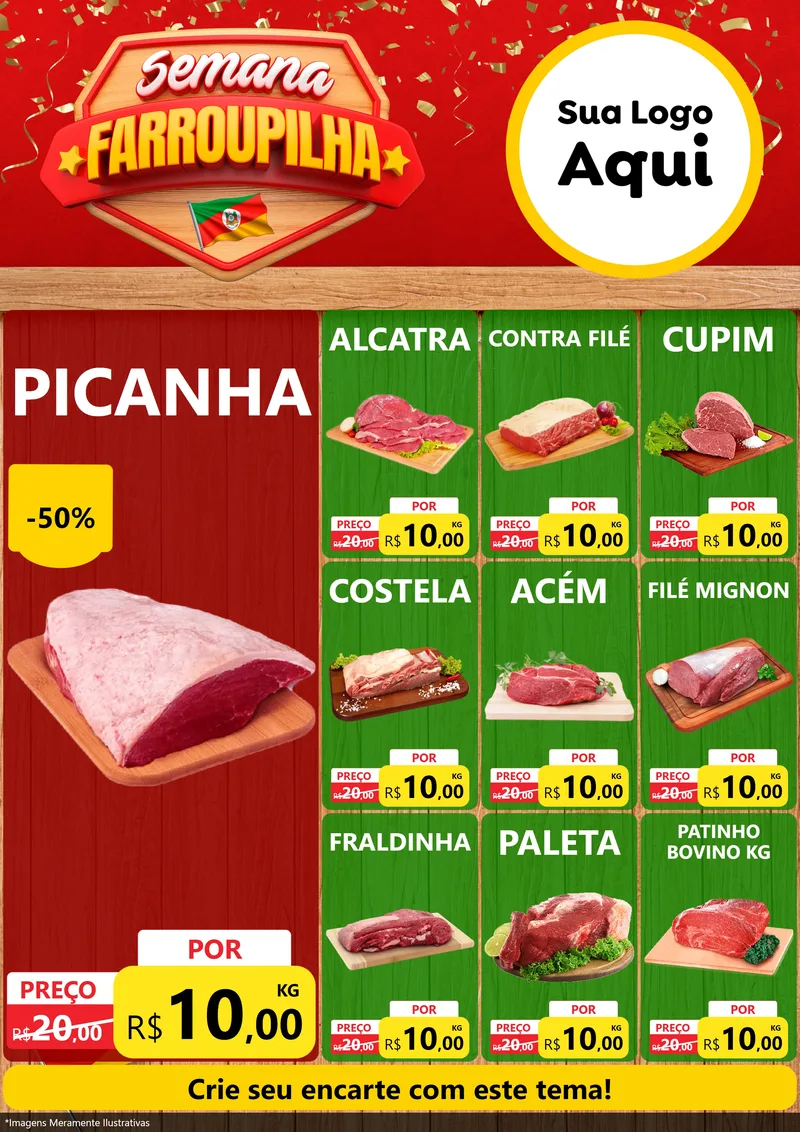 Modelo de Encarte para Encarte A4 Vertical com o tema Semana Farroupilha para Açougue