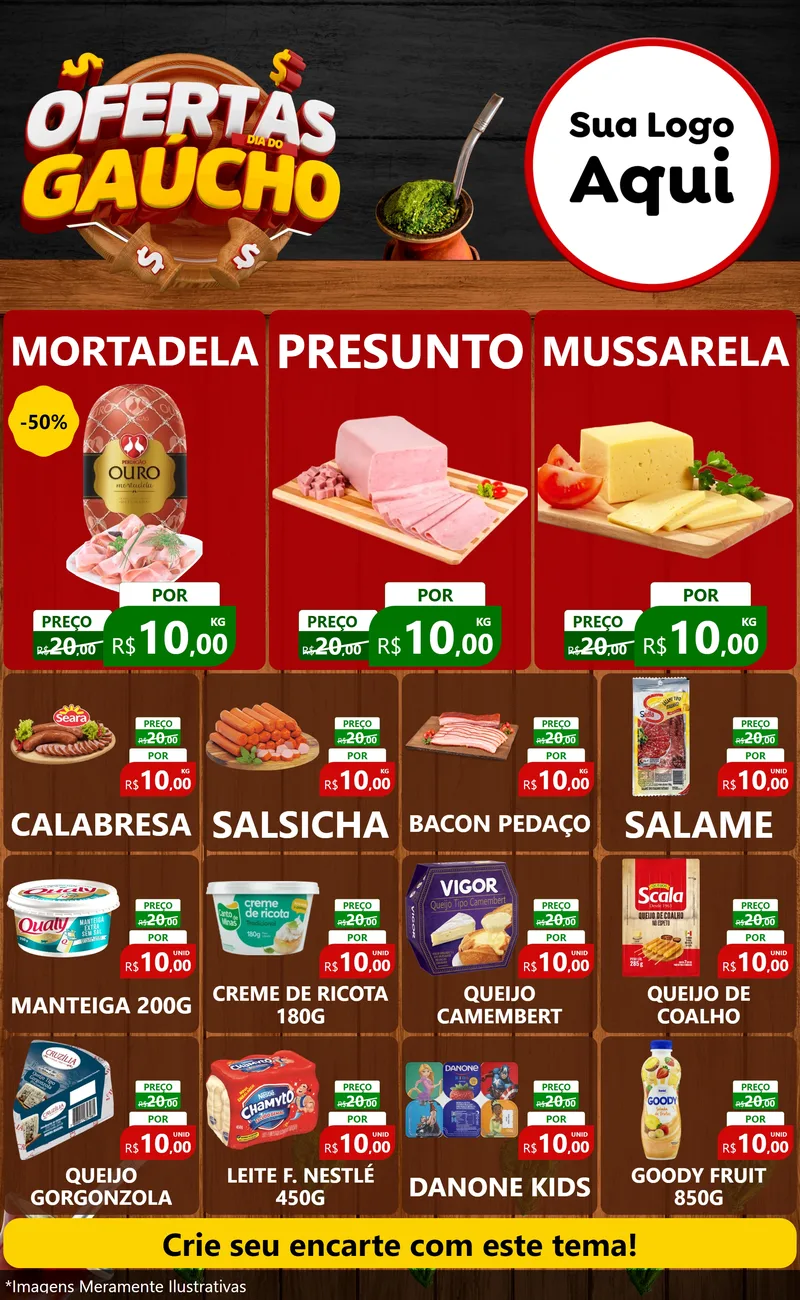 Modelo de Encarte para Encarte Grande com o tema Ofertas Dia do Gaúcho para Frios e Laticínios