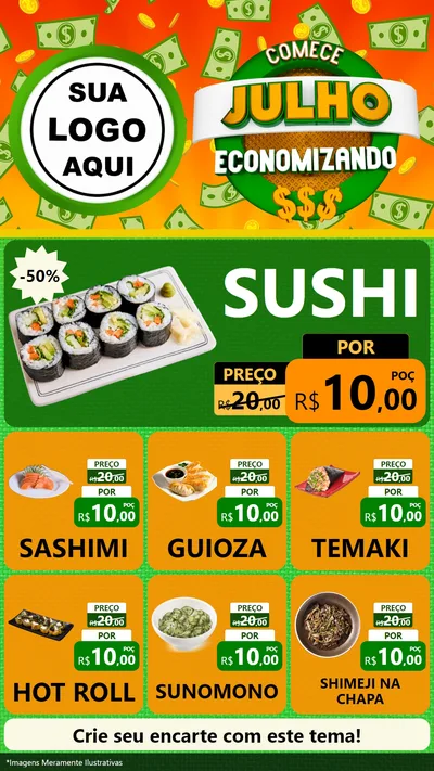 Modelo de Rede Social para Stories com o tema Comece Julho Economizando para Comida japonesa