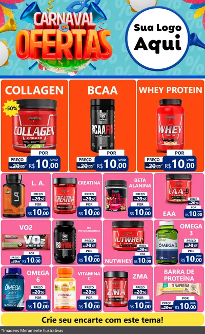 Modelo de Encarte para Encarte Grande com o tema Carnaval de Ofertas para Suplementos alimentares