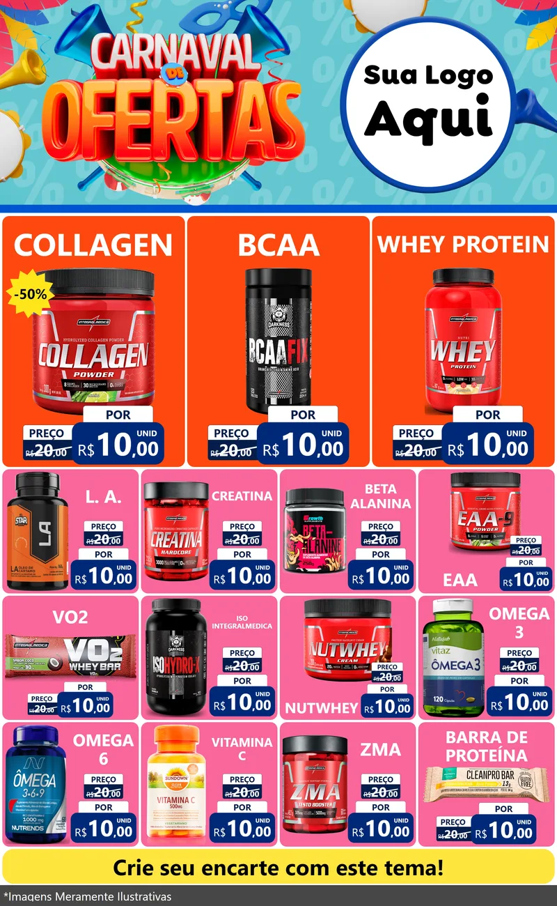 Modelo de Encarte para Encarte Grande com o tema Carnaval de Ofertas para Suplementos alimentares