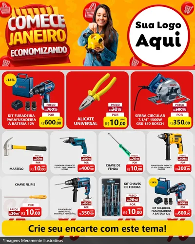 Modelo de Rede Social para Feed Instagram com o tema Comece Janeiro Economizando para Maquinas e Ferramentas