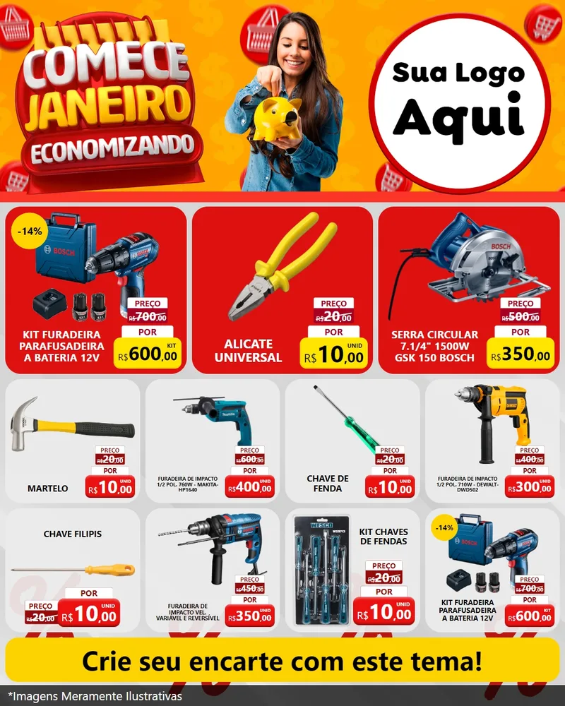Modelo de Rede Social para Feed Instagram com o tema Comece Janeiro Economizando para Maquinas e Ferramentas
