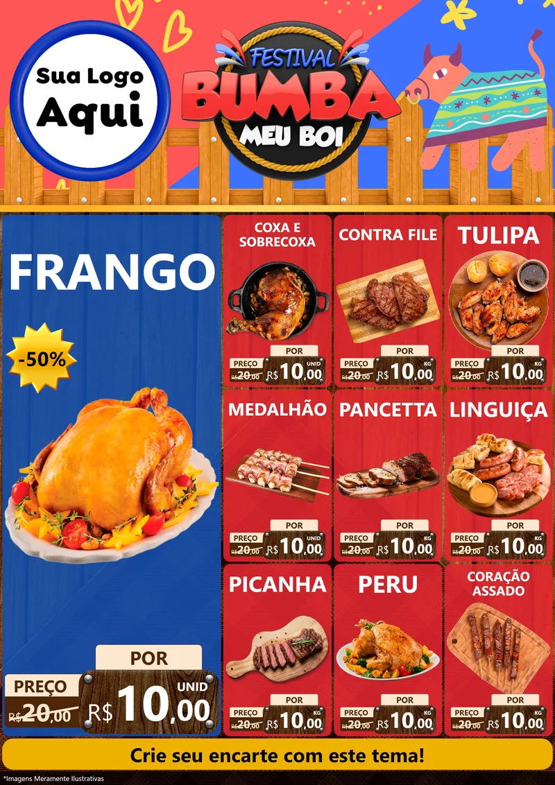 Modelo de Encarte para Encarte A4 Vertical com o tema Festival Bumba Meu Boi para Assados