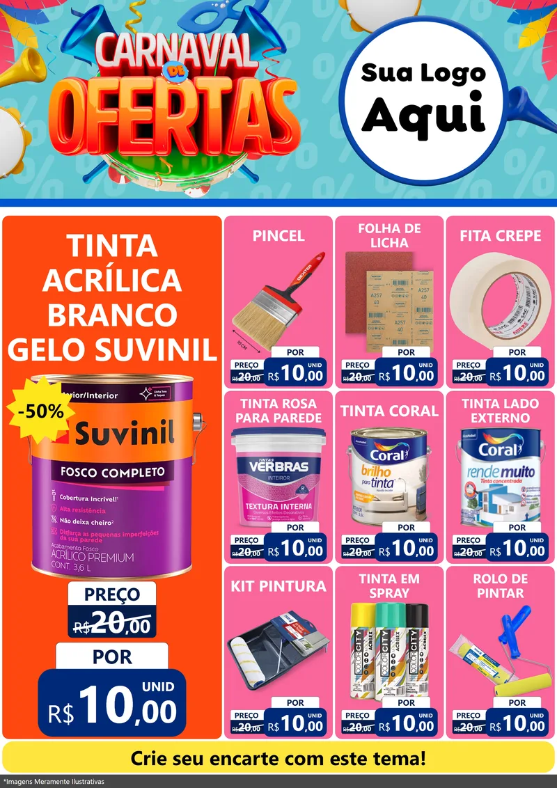 Modelo de Encarte para Encarte A4 Vertical com o tema Carnaval de Ofertas para Tintas e Ferramentas
