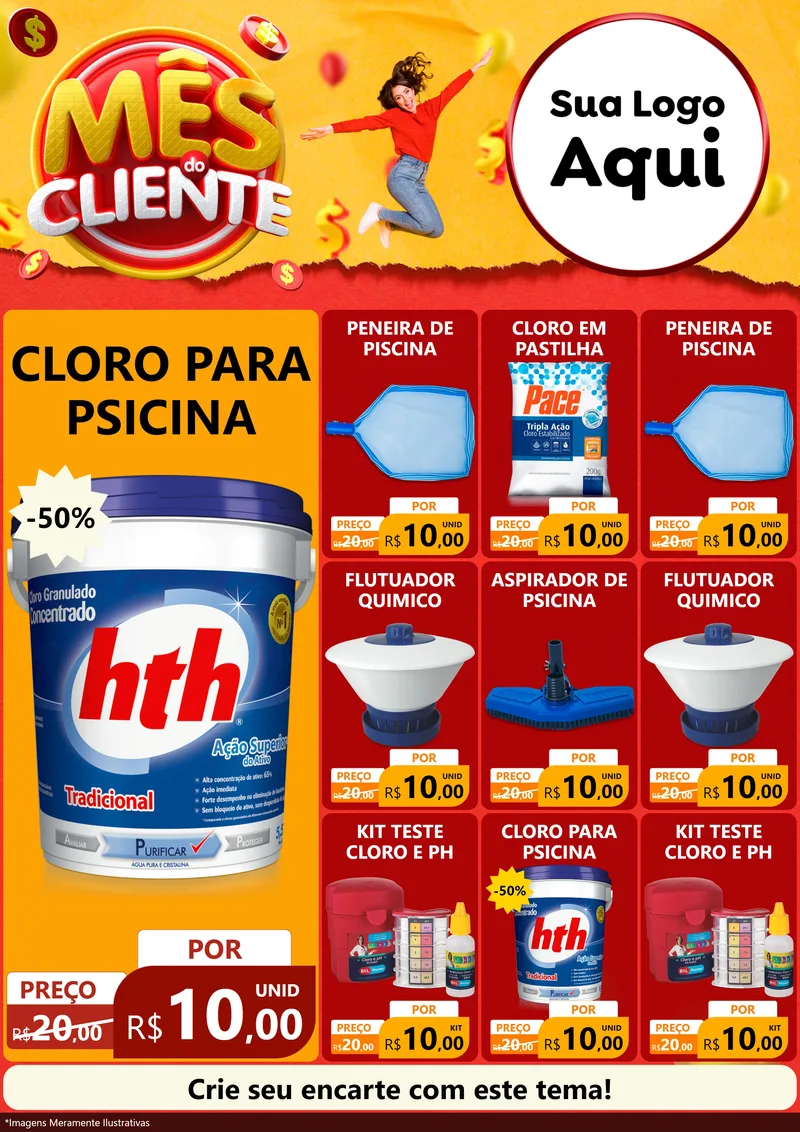 Modelo de Encarte para Encarte A4 Vertical com o tema Mês do Cliente para Produtos para Piscina