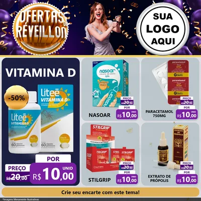 Modelo de Rede Social para Feed Facebook com o tema Ofertas de Réveillon para Farmácia
