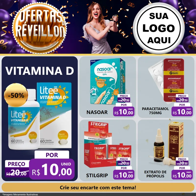 Modelo de Rede Social para Feed Facebook com o tema Ofertas de Réveillon para Farmácia
