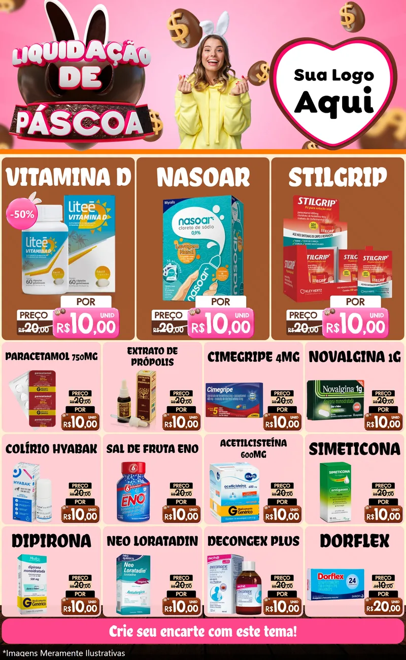 Modelo de Encarte para Encarte Grande com o tema Liquidação de Páscoa para Farmácia