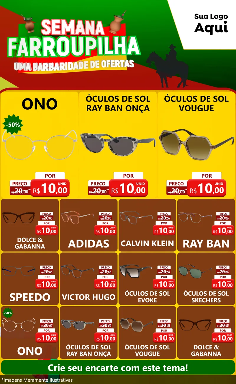 Modelo de Encarte para Encarte Grande com o tema Semana Farroupilha - Uma Barbaridade de Ofertas para Óticas