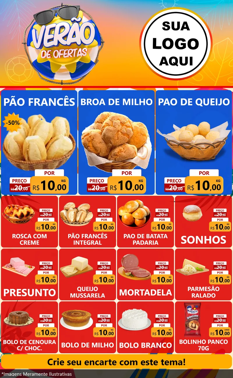 Modelo de Encarte para Encarte Grande com o tema Verão de Ofertas para Padaria