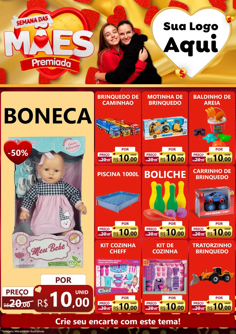 Modelo de Encarte para Encarte A4 Vertical com o tema Semana das Mães Premiada para Brinquedos