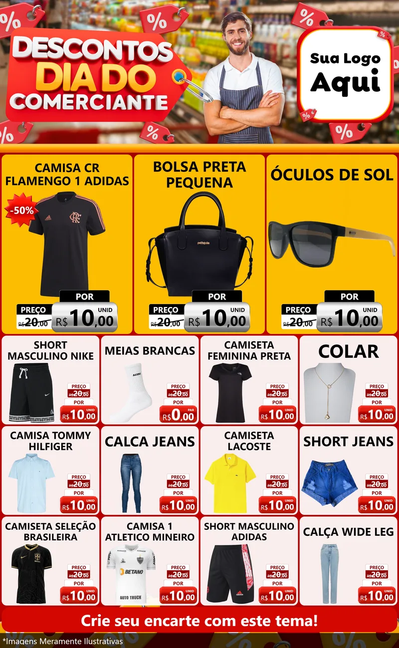 Modelo de Encarte para Encarte Grande com o tema Descontos Dia do Comerciante para Roupas e acessórios