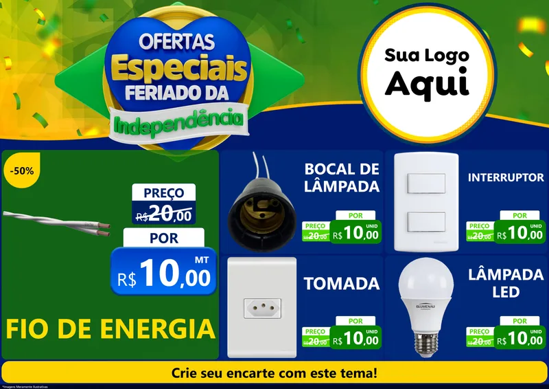 Modelo de Encarte para Encarte A4 Horizontal com o tema Ofertas Especiais Feriado da Independência para Materiais Elétricos