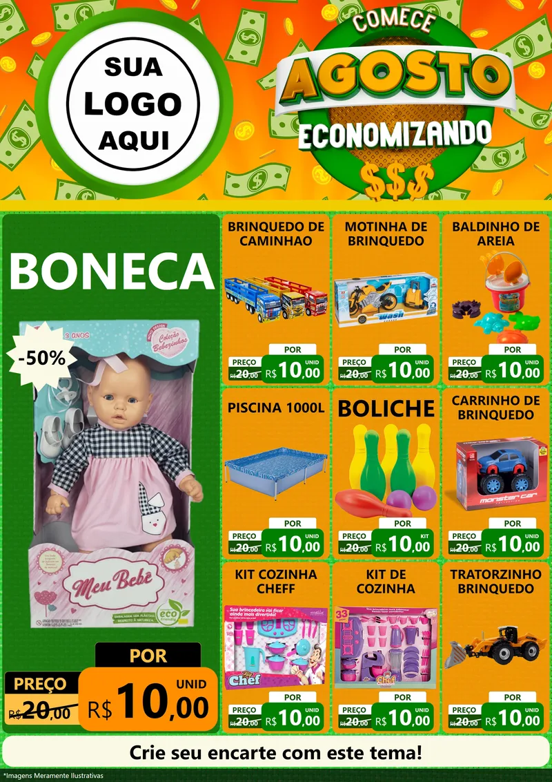 Modelo de Encarte para Encarte A4 Vertical com o tema Comece Agosto Economizando para Brinquedos