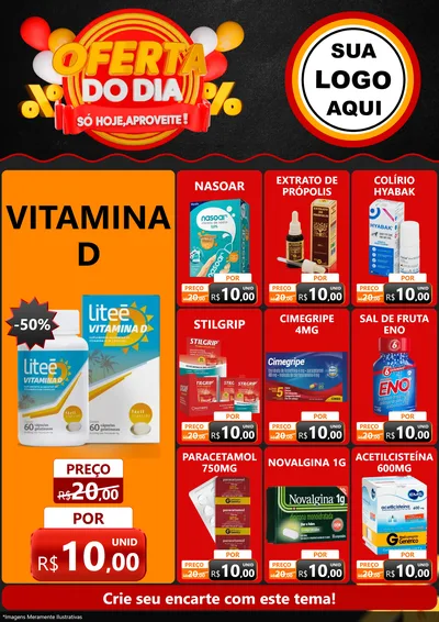 Modelo de Encarte para Encarte A4 Vertical com o tema Oferta do Dia - Só hoje, Aproveite! para Farmácia