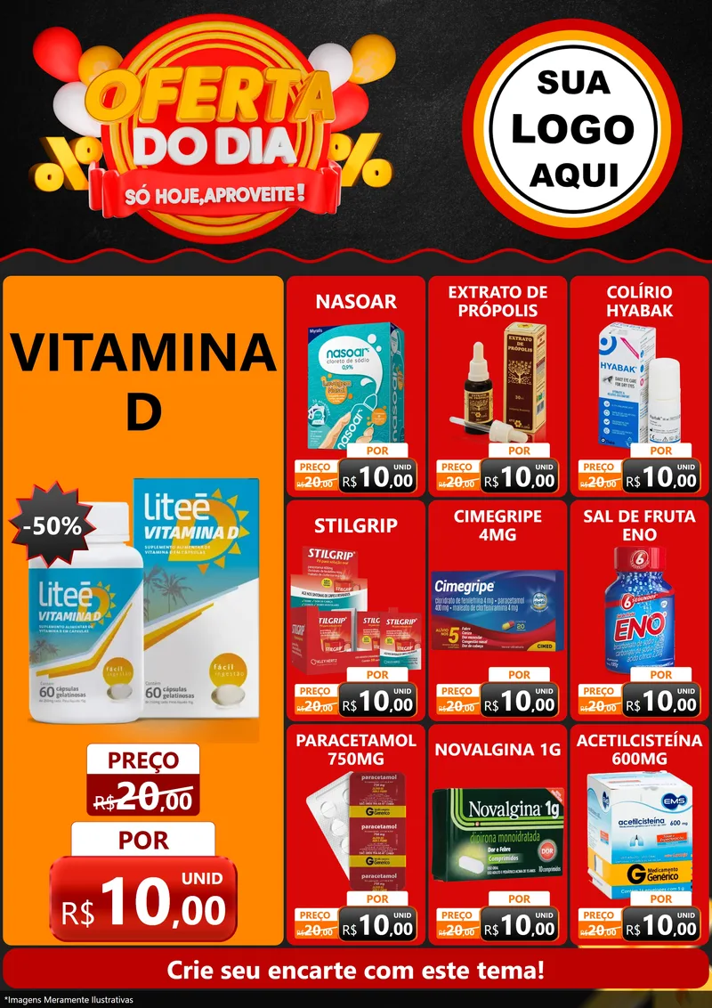 Modelo de Encarte para Encarte A4 Vertical com o tema Oferta do Dia - Só hoje, Aproveite! para Farmácia