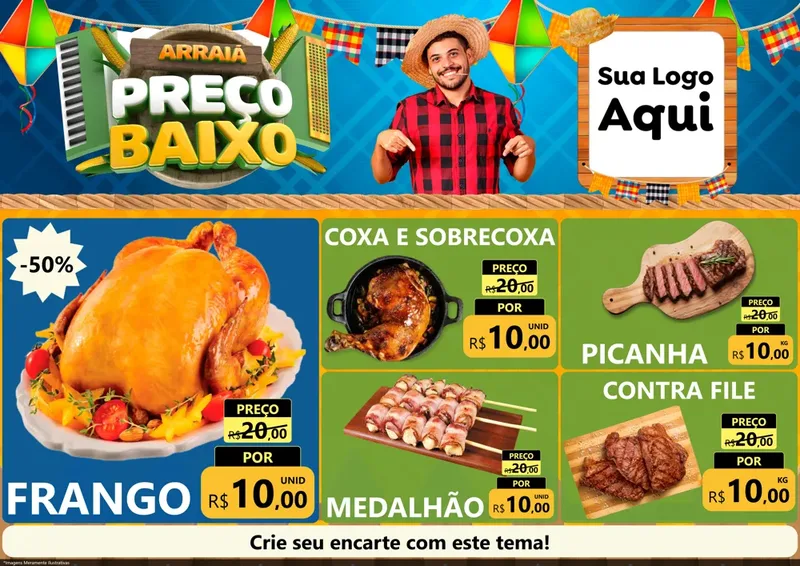 Modelo de Encarte para Encarte A4 Horizontal com o tema Arraiá de Preço Baixo - Junina para Assados