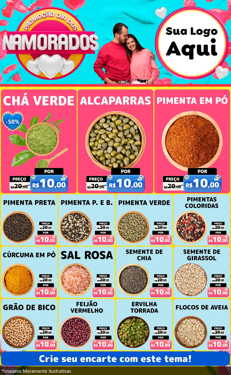 Modelo de Encarte para Encarte Grande com o tema Promoção Dia dos Namorados para Produtos Naturais