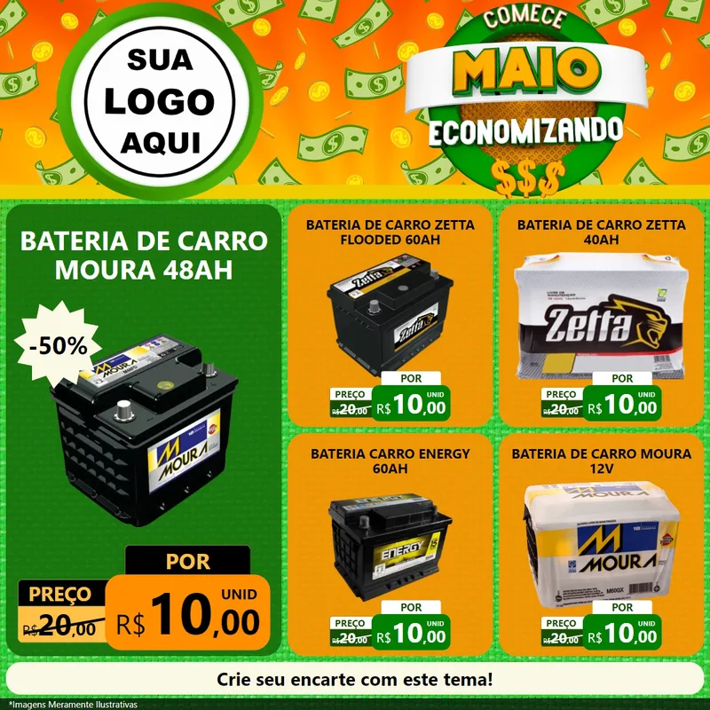 Modelo de Rede Social para Feed Facebook com o tema Comece Maio Economizando para Baterias Elétricas