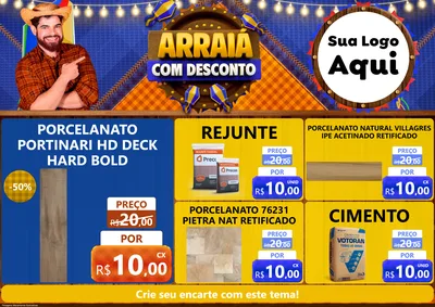 Modelo de Encarte para Encarte A4 Horizontal com o tema Arraiá Com Desconto para Pisos e revestimentos