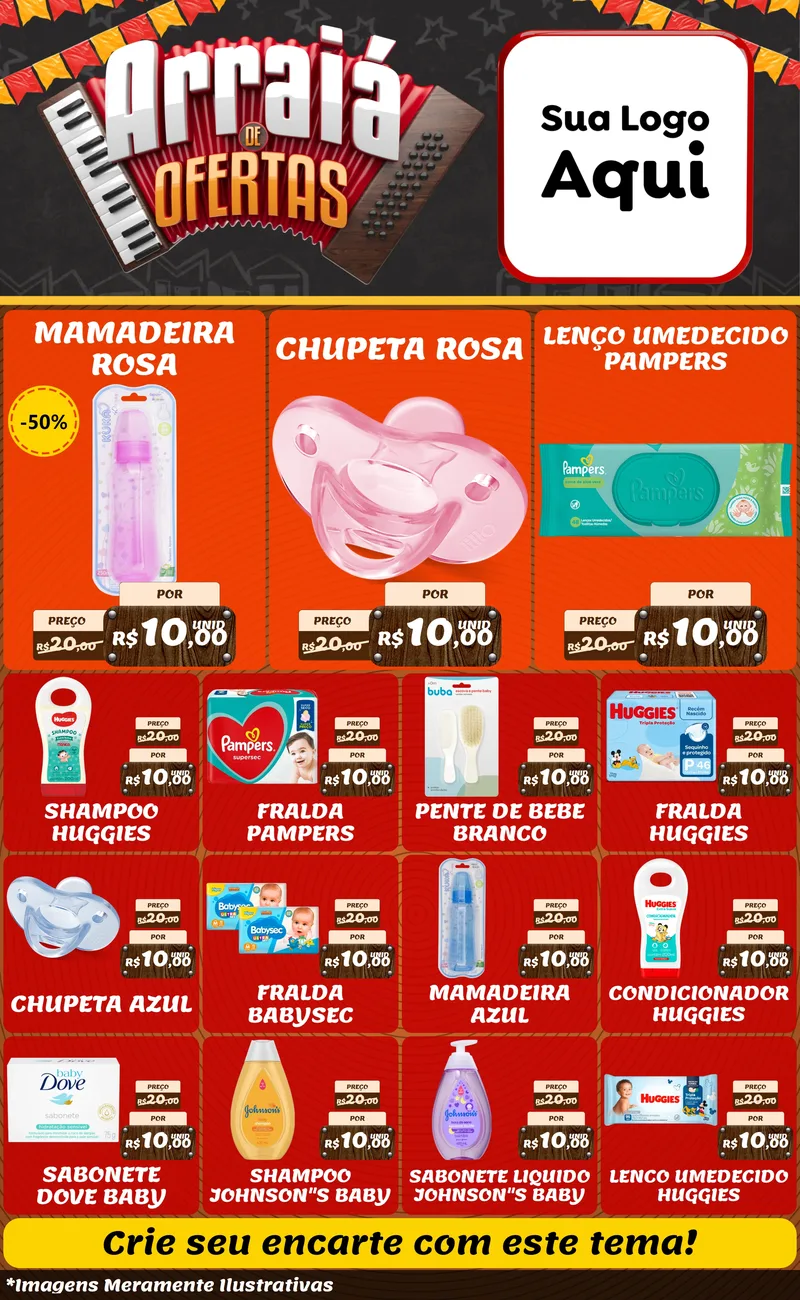 Modelo de Encarte para Encarte Grande com o tema Arraiá de Ofertas - Junina para Bebês