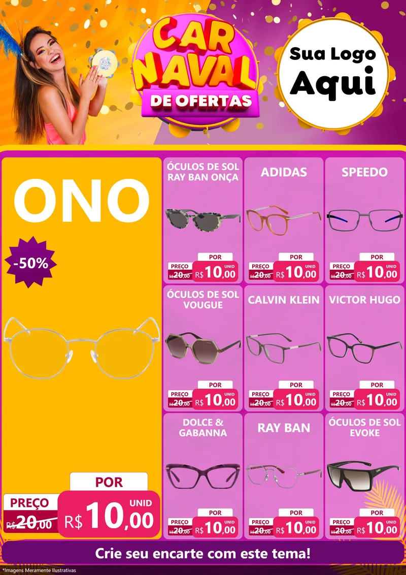 Modelo de Encarte para Encarte A4 Vertical com o tema Carnaval de Ofertas para Óticas