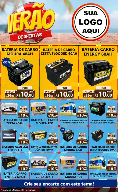 Modelo de Encarte para Encarte Grande com o tema Verão de Ofertas para Baterias Elétricas