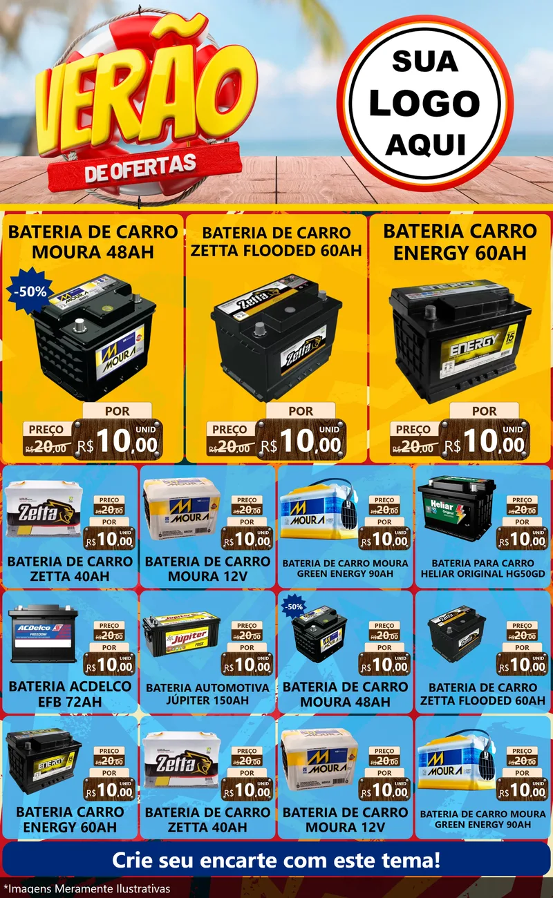 Modelo de Encarte para Encarte Grande com o tema Verão de Ofertas para Baterias Elétricas