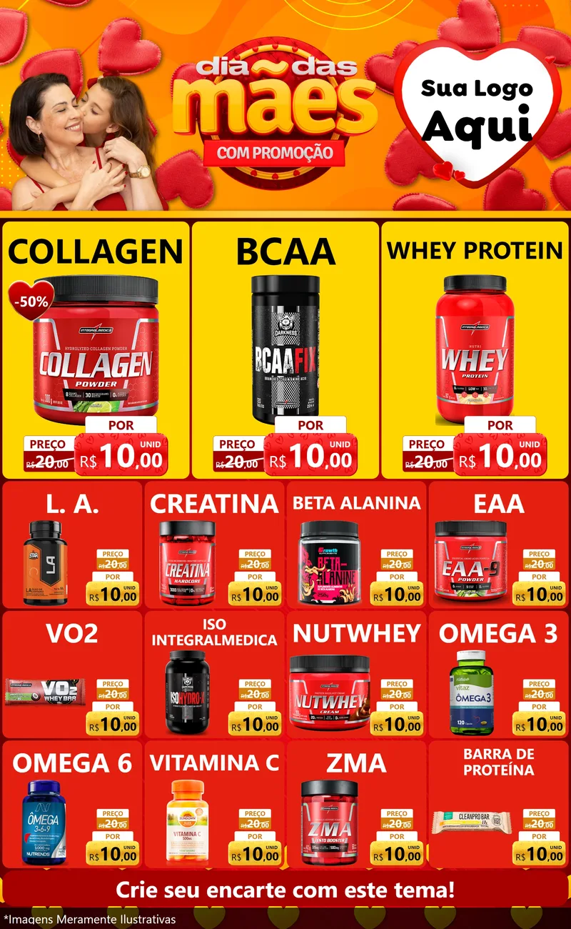 Modelo de Encarte para Encarte Grande com o tema Dia das Mães com Promoção para Suplementos alimentares
