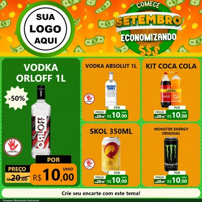 Modelo de Rede Social para Feed Facebook com o tema Comece Setembro Economizando para Distribuidora de bebidas