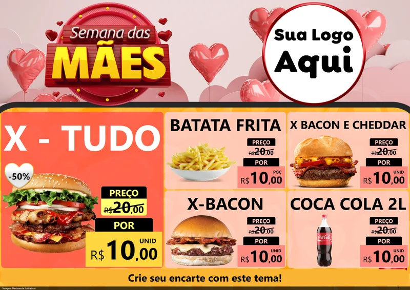 Modelo de Encarte para Encarte A4 Horizontal com o tema Semana das Mães para Hamburgueria