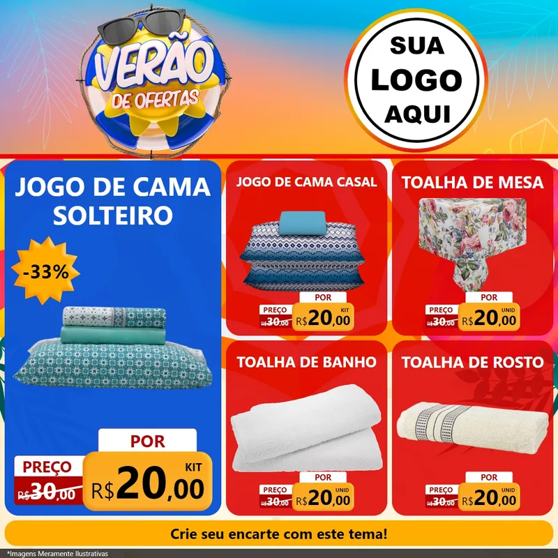 Modelo de Rede Social para Feed Facebook com o tema Verão de Ofertas para Cama, Mesa e Banho