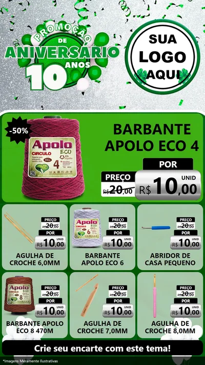 Modelo de Rede Social para Stories com o tema Promoção de Aniversário - 10 Anos para Armarinho e Aviamentos