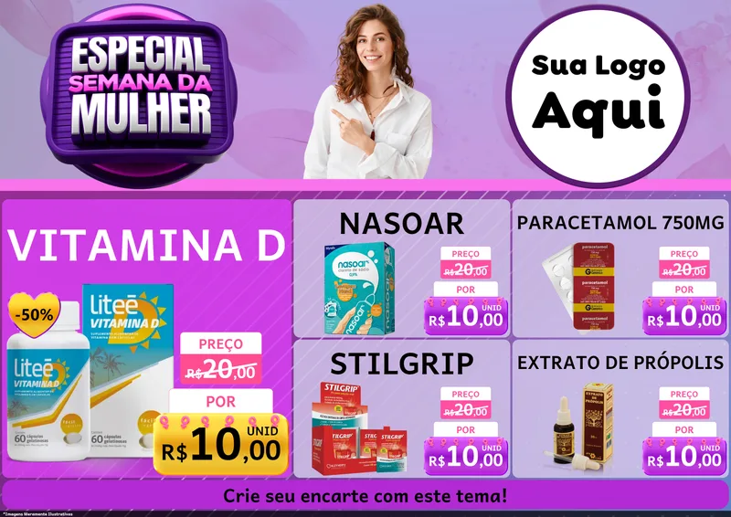 Modelo de Encarte para Encarte A4 Horizontal com o tema Especial Semana da Mulher para Farmácia