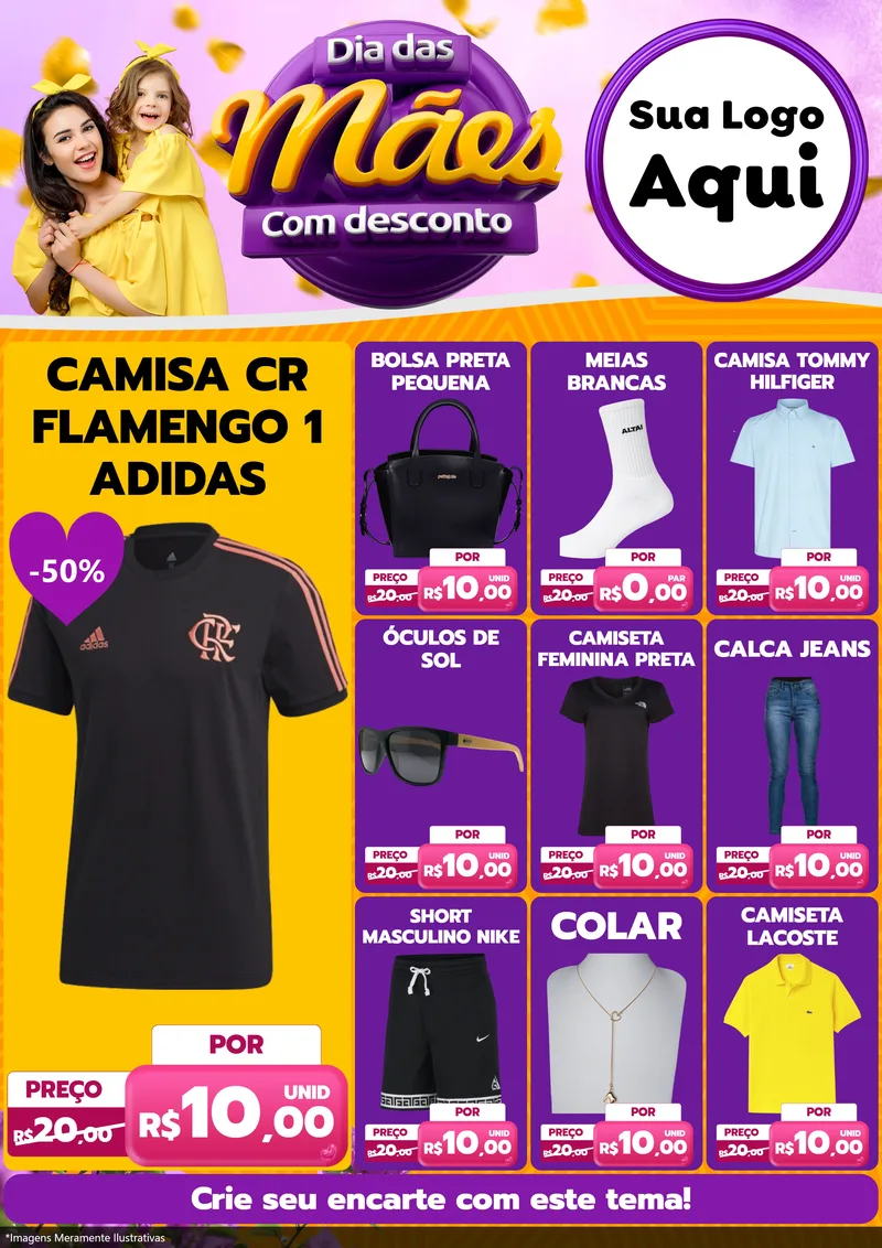 Modelo de Encarte para Encarte A4 Vertical com o tema Dia das Mães com Desconto para Roupas e acessórios