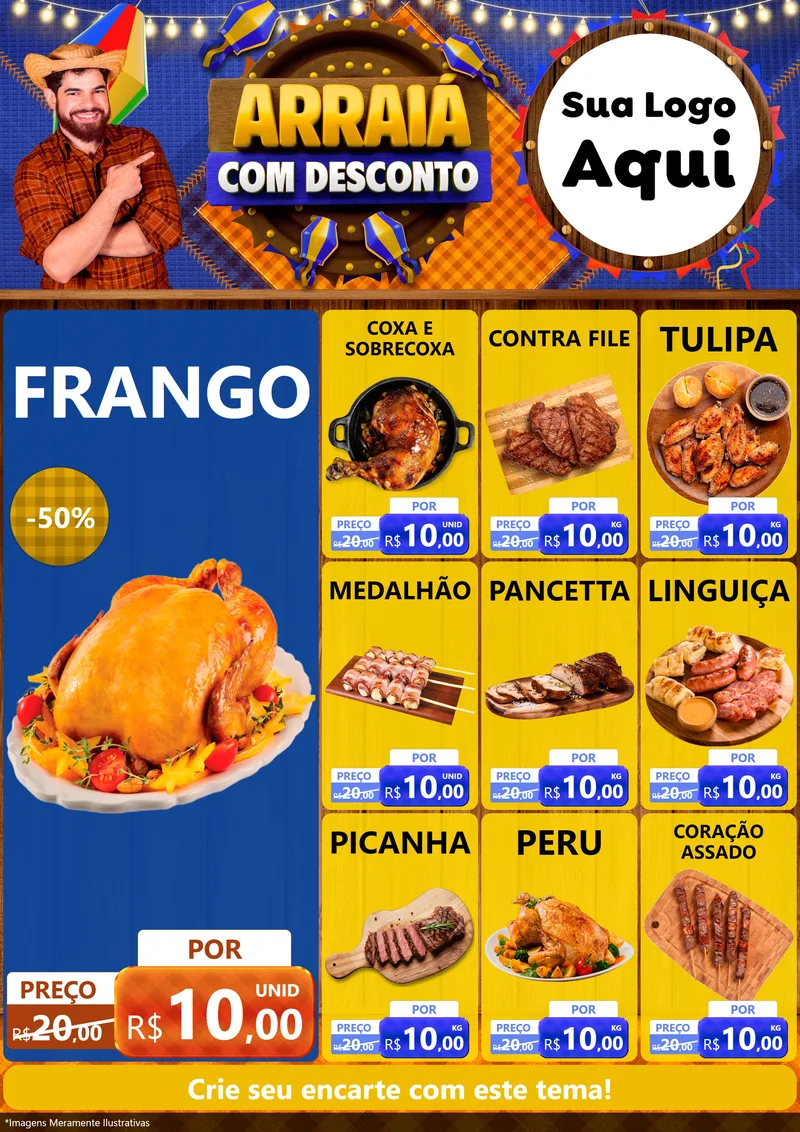 Modelo de Encarte para Encarte A4 Vertical com o tema Arraiá Com Desconto para Assados
