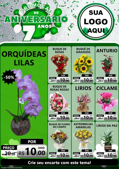 Modelo de Encarte para Encarte A4 Vertical com o tema Promoção de Aniversário - 7 Anos para Floricultura e jardim