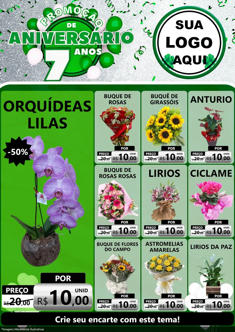 Modelo de Encarte para Encarte A4 Vertical com o tema Promoção de Aniversário - 7 Anos para Floricultura e jardim