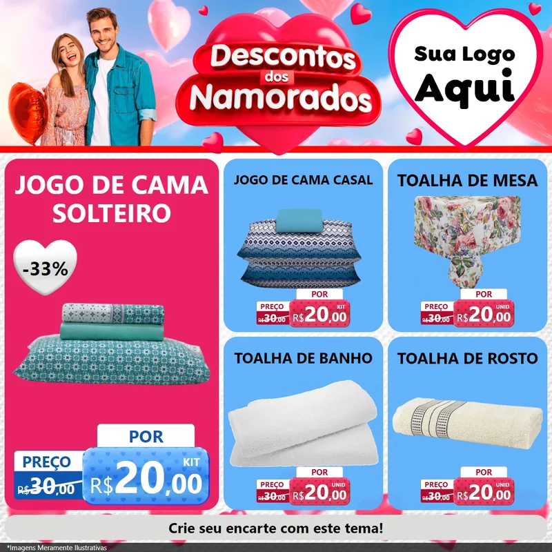 Modelo de Rede Social para Feed Facebook com o tema Descontos dos Namorados para Cama, Mesa e Banho