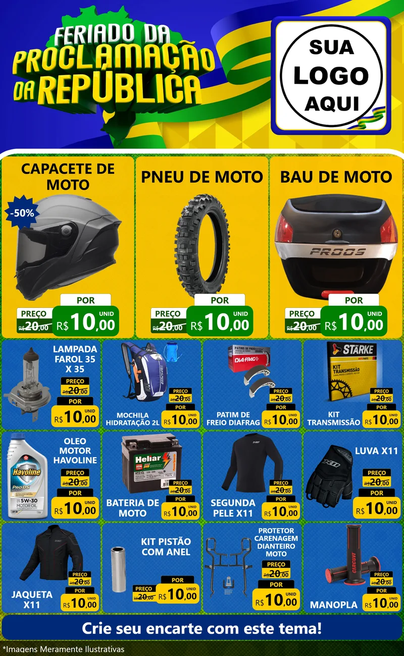 Modelo de Encarte para Encarte Grande com o tema Feriado da Proclamação da República para Moto peças