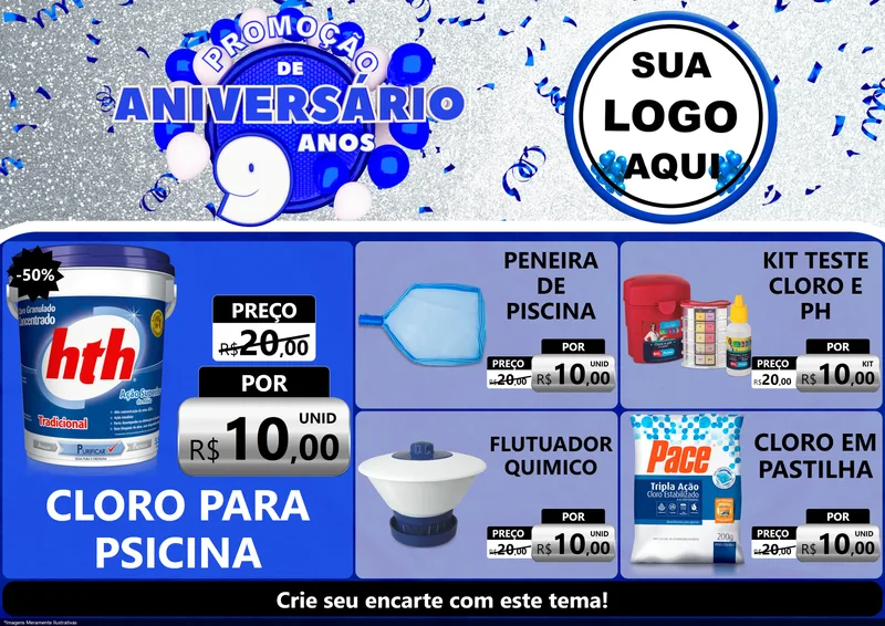 Modelo de Encarte para Encarte A4 Horizontal com o tema Promoção de Aniversário - 9 Anos para Produtos para Piscina