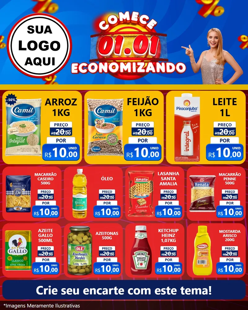 Modelo de Rede Social para Feed Instagram com o tema Comece 1º de Janeiro Economizando para Supermercado