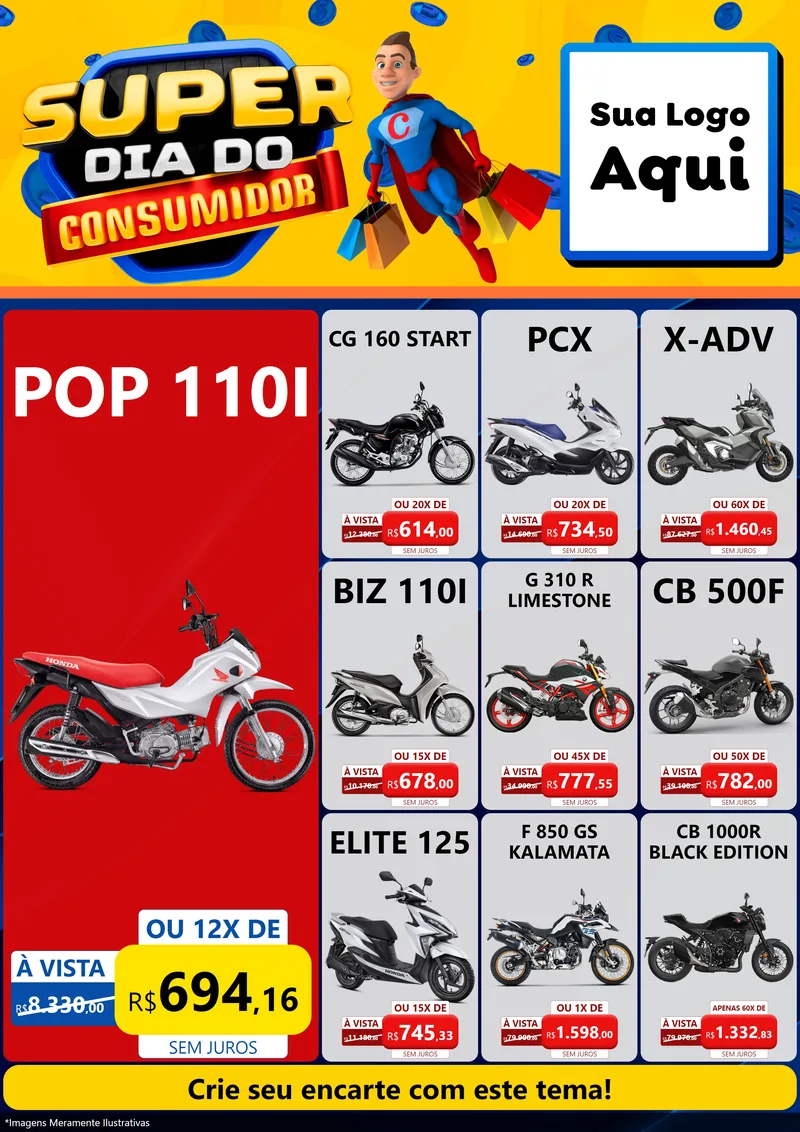 Modelo de Encarte para Encarte A4 Vertical com o tema Super Dia do Consumidor para Concessionaria de Motos