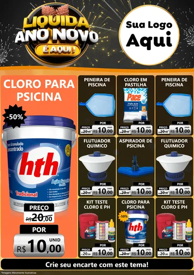 Modelo de Encarte para Encarte A4 Vertical com o tema Liquida Ano Novo É Aqui! para Produtos para Piscina