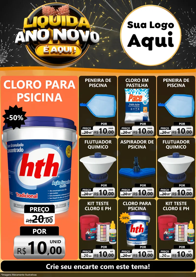 Modelo de Encarte para Encarte A4 Vertical com o tema Liquida Ano Novo É Aqui! para Produtos para Piscina