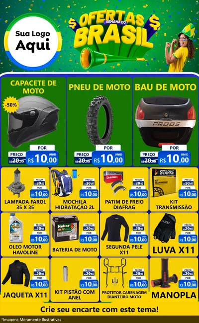 Modelo de Encarte para Encarte Grande com o tema Ofertas Semana do Brasil para Moto peças