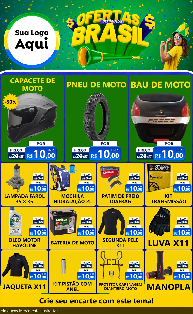 Modelo de Encarte para Encarte Grande com o tema Ofertas Semana do Brasil para Moto peças